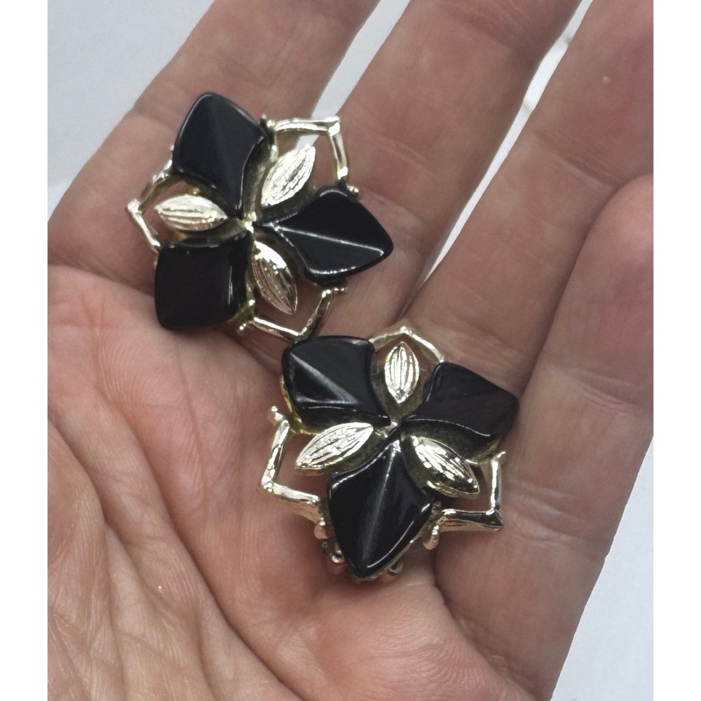 Vintage Black Gold Tone Floral Clip On Earrings Geometric Mid Century Modern